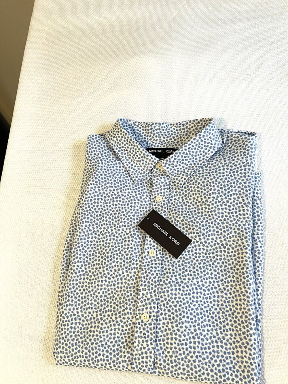 MICHAEL KORS Short Sleeved Linen & Viscose Blue Size Large Men Button Down NWT